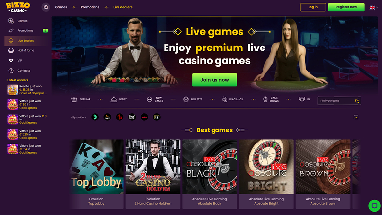 Croupier en direct sur ordinateur de Bizzo Casino