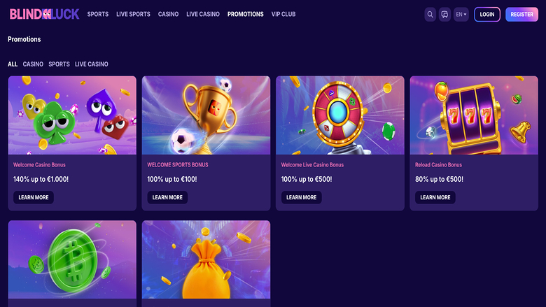 Capture d'écran des promotions du casino BlindLuck pour ordinateur