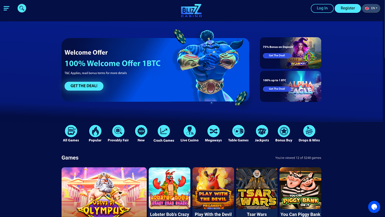 Page d’accueil de bureau de Blizz Casino