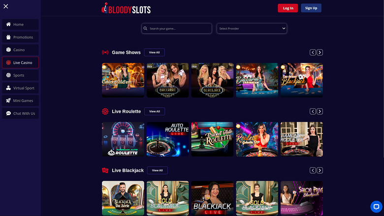 Live dealer desktop di BloodySlots Casino