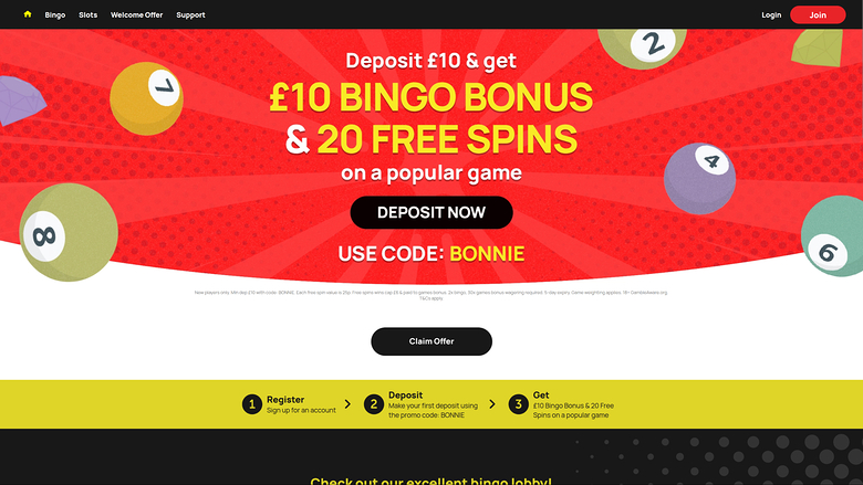 Page d’accueil de Bonnie Bingo sur ordinateur