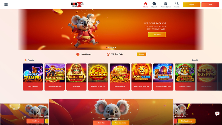 Homepage desktop di Bonza Spins Casino