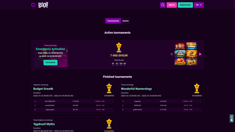 Torneios do Booi Casino para desktop