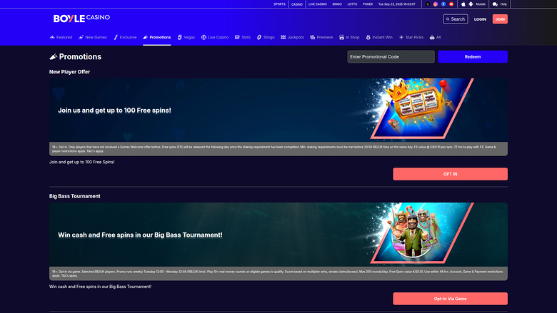 BoyleSports Casino Desktop-Aktionen