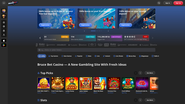 Page principale de bureau de BruceBet Casino