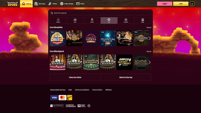 Buffalo Spins Casino Desktop Live Dealer