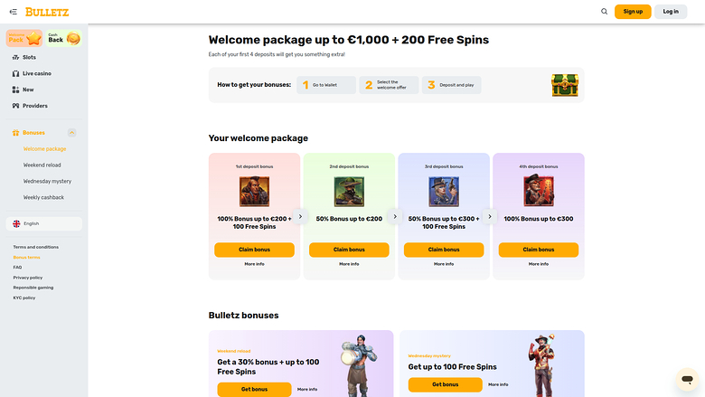 Promociones de escritorio de Bulletz Casino