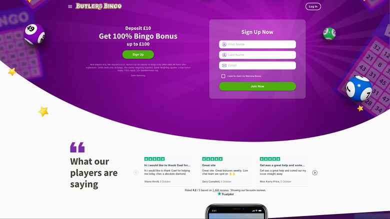 Page d'accueil de Butlers Bingo pour ordinateur de bureau