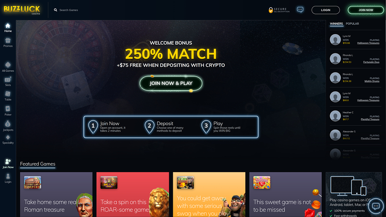 Homepage desktop di BuzzLuck Casino