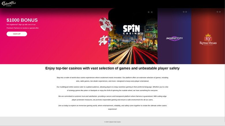 Page d’accueil de Cabaret Club Casino sur ordinateur