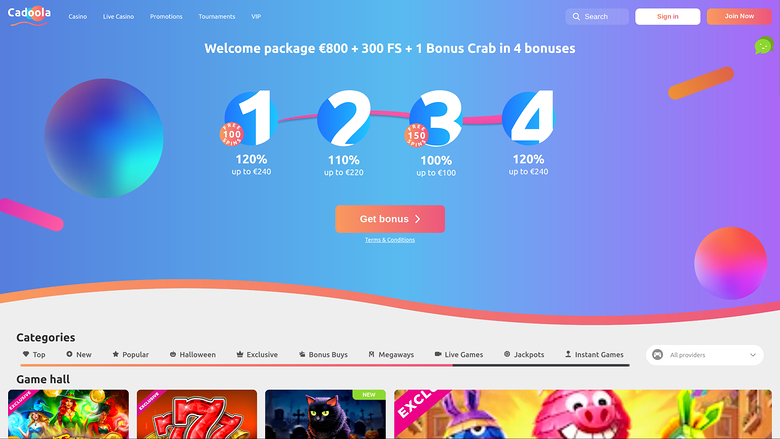 Page d’accueil de Cadoola Casino sur ordinateur