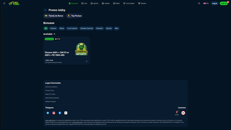 Promociones del Casino Calitoro para escritorio