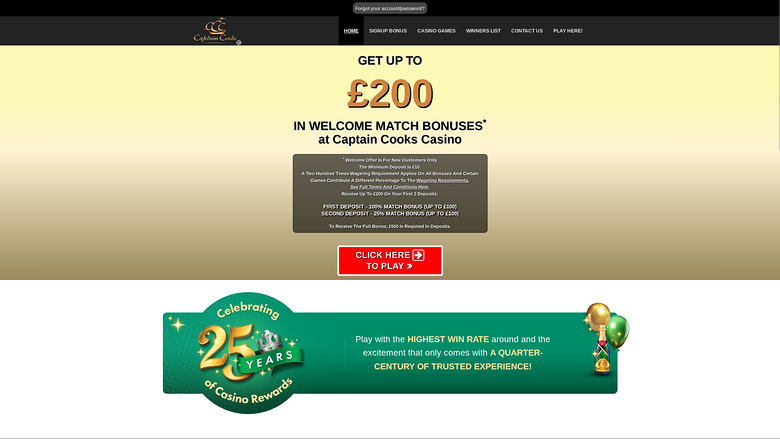 Page d'accueil de Captain Cooks Casino sur ordinateur