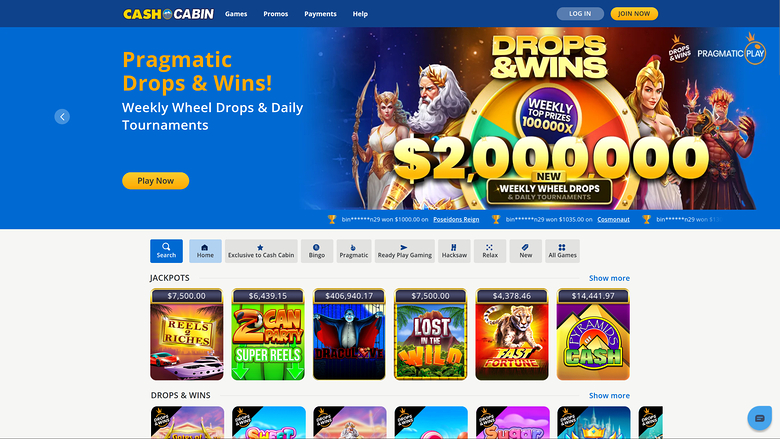 Page d’accueil de Cash Cabin Casino sur ordinateur de bureau