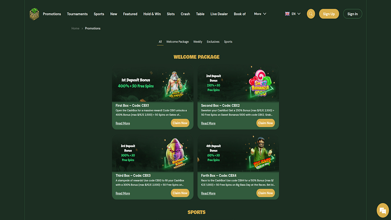 Скриншот рекламных акций Cashbox Casino для настольных компьютеров