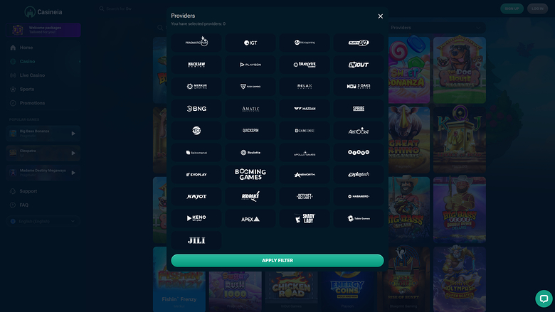 Sviluppatori di giochi del Casineia Casino Versione desktop