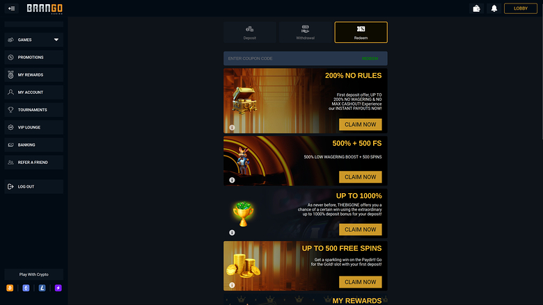 Promociones de Casino Brango en escritorio