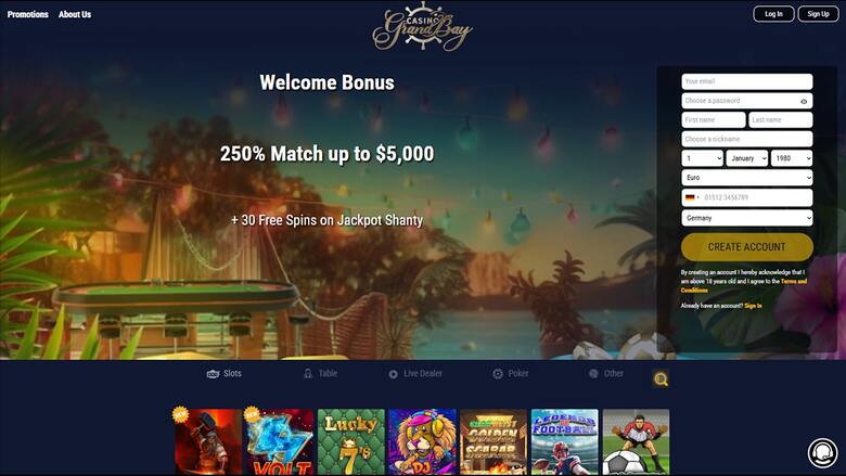 Page d’accueil de Casino Grand Bay sur ordinateur