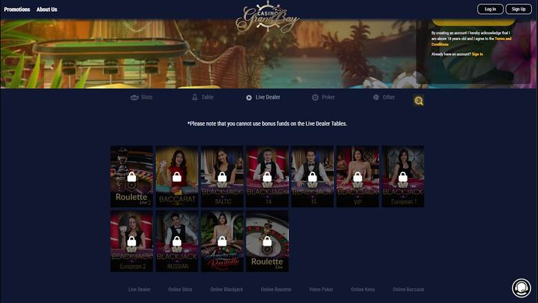 Live Dealer de Casino Grand Bay sur ordinateur