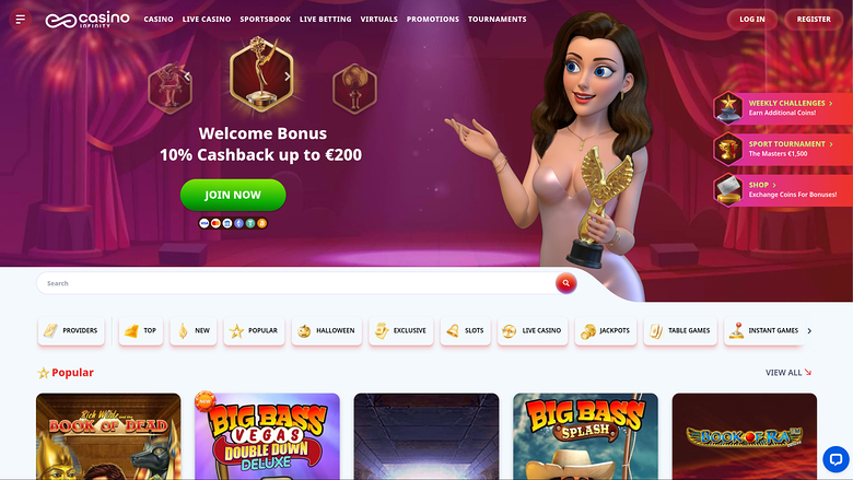 Página de inicio de Casino Infinity en escritorio