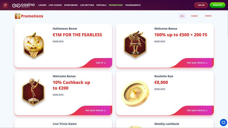 Promociones de Casino Infinity en escritorio