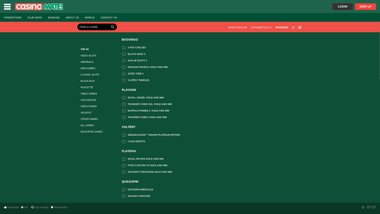 Développeurs de jeux de Casino Mate sur ordinateur