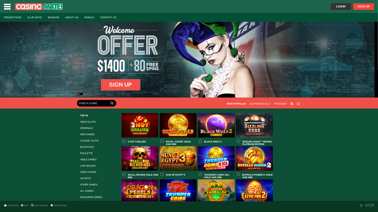 Page d’accueil de Casino Mate sur ordinateur