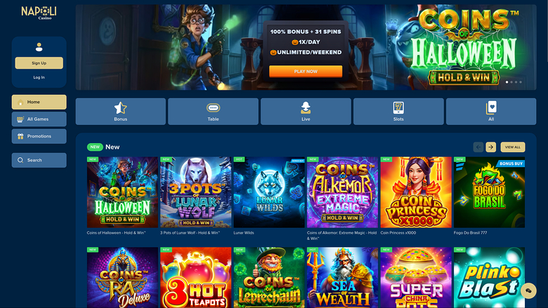 Page d’accueil de Casino Napoli sur ordinateur