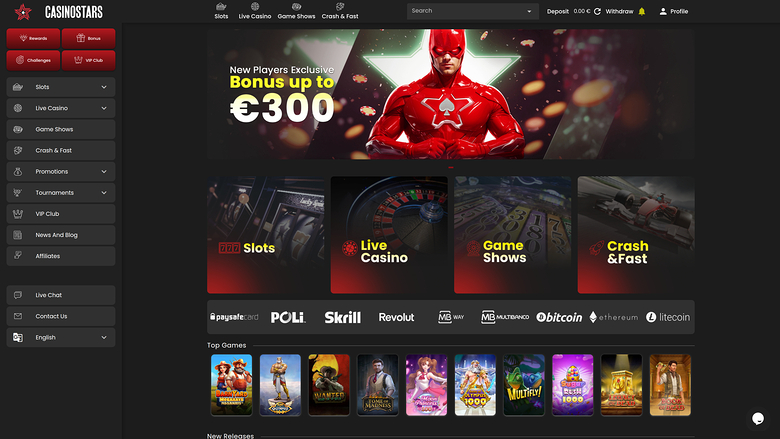 Page d’accueil de Casino Stars sur ordinateur