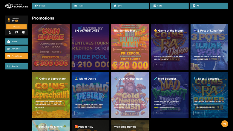 Promotions de Casino Superlines sur ordinateur