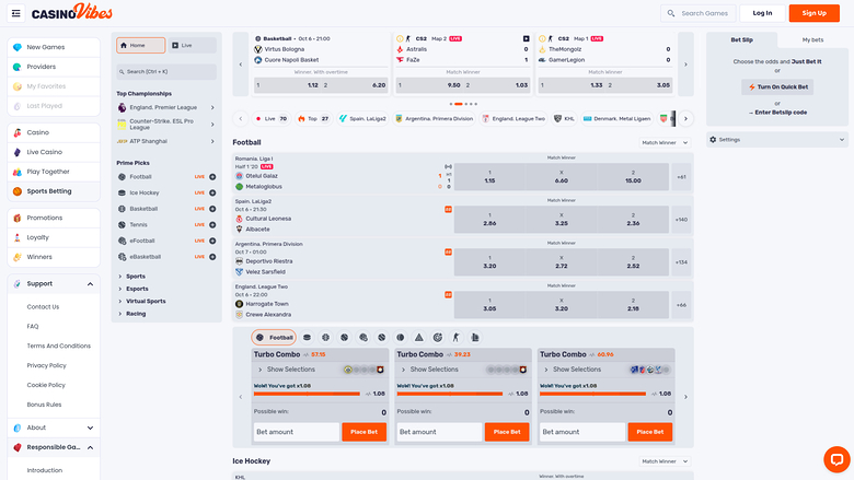 Sports en direct de Casino Vibes sur ordinateur