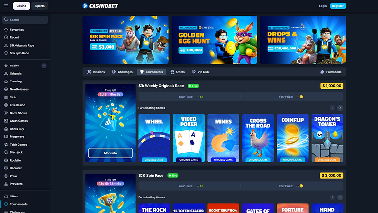 Турниры Casinobet для настольных компьютеров