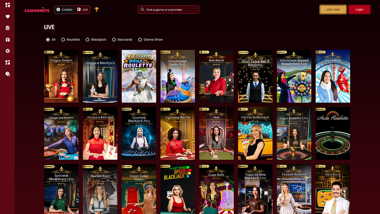 Казино Casinomite для настольных компьютеров с живыми дилерами