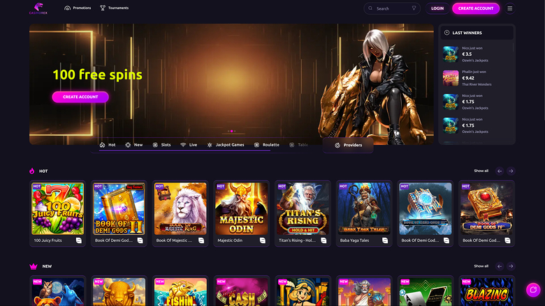 Pagina principale di CasinoRex desktop