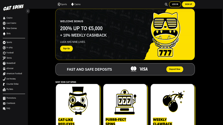 Screenshot der Startseite von Cat Spins Casino für Desktop-PCs