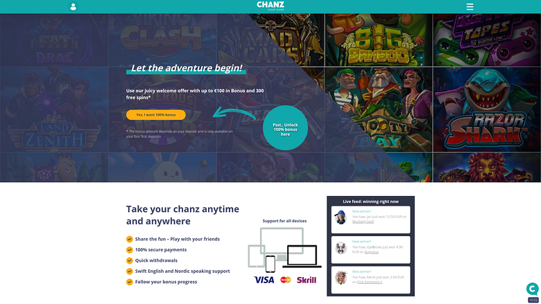 Page d’accueil du casino Chanz Bureau