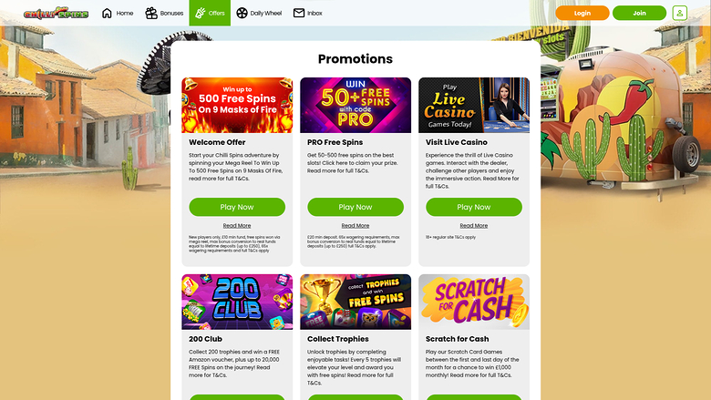 Chilli Spins Casino Desktop-Aktionen