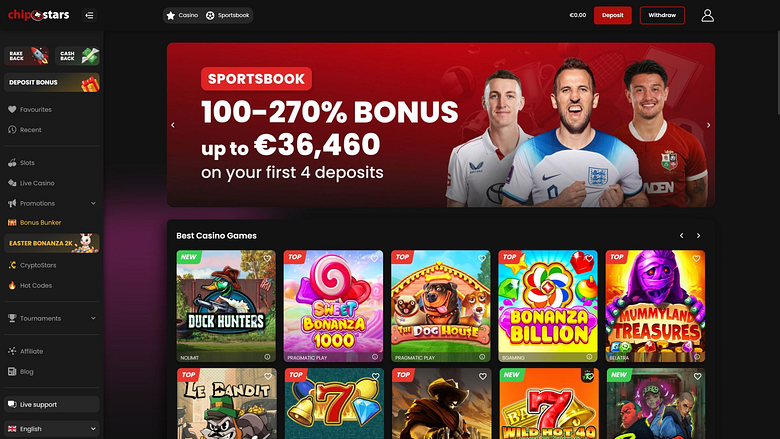 Главная страница Chipstars.bet для ПК
