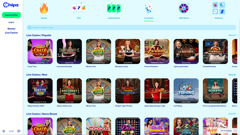 Casino en vivo de Chipz en escritorio