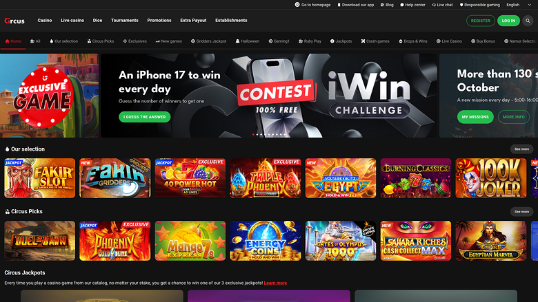 Page d’accueil du Circus.be Casino Version de bureau