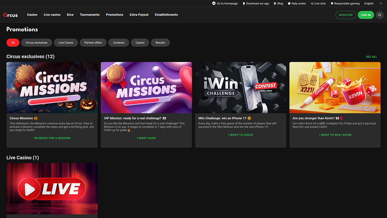 Promotions du Circus.be Casino Version de bureau