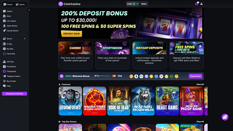 Page d'accueil de CoinCasino pour ordinateur