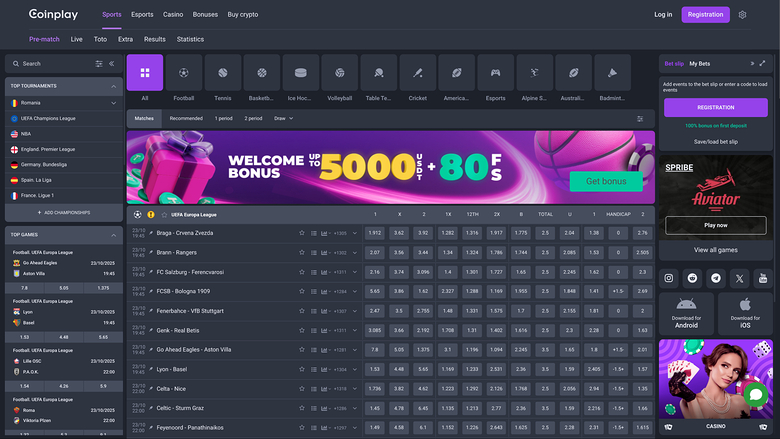 Sports du casino Coinplay sur ordinateur