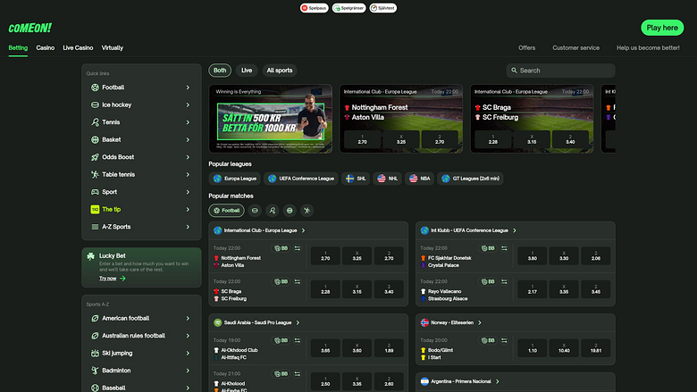 بث مباشر للرياضات عبر تطبيق ComeOn Casino Desktop