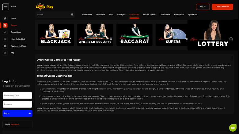 Croupier en direct du casino ComicPlay sur ordinateur