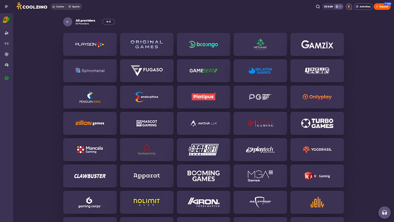 Coolzino Casino Spielentwickler Desktop