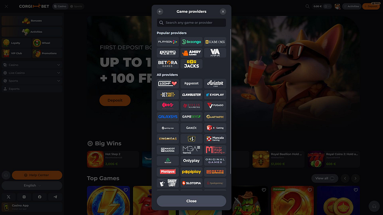 Corgibet Casino Desktop Image Game Developers
