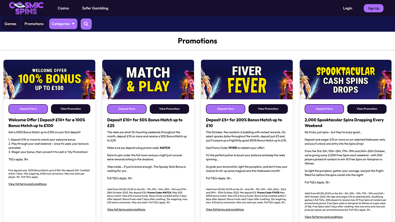 Promotions du Casino Cosmic Spins Bureau