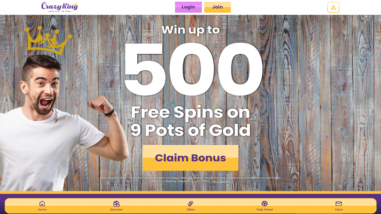 Page d'accueil du casino Crazy King version ordinateur
