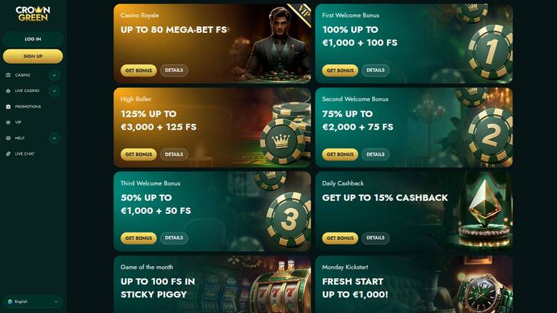 Captura de pantalla de la página de promociones de CrownGreen Casino